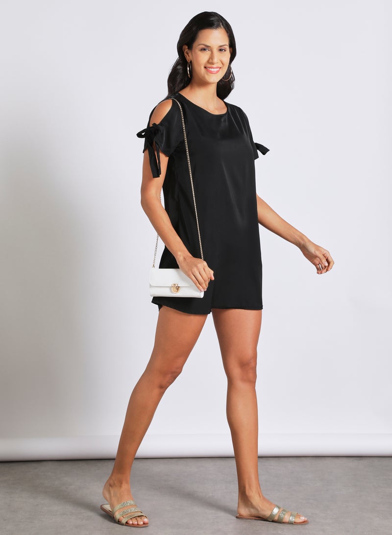 Aila Casual Polyester Blend Short Sleeve Mini Dress With Round Neck With Sleeve Tie Knot Black  - Image 2