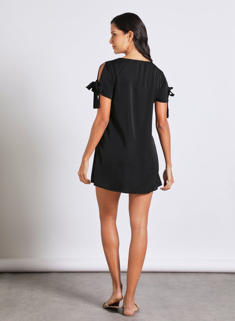 Aila Casual Polyester Blend Short Sleeve Mini Dress With Round Neck With Sleeve Tie Knot Black  - Image 3