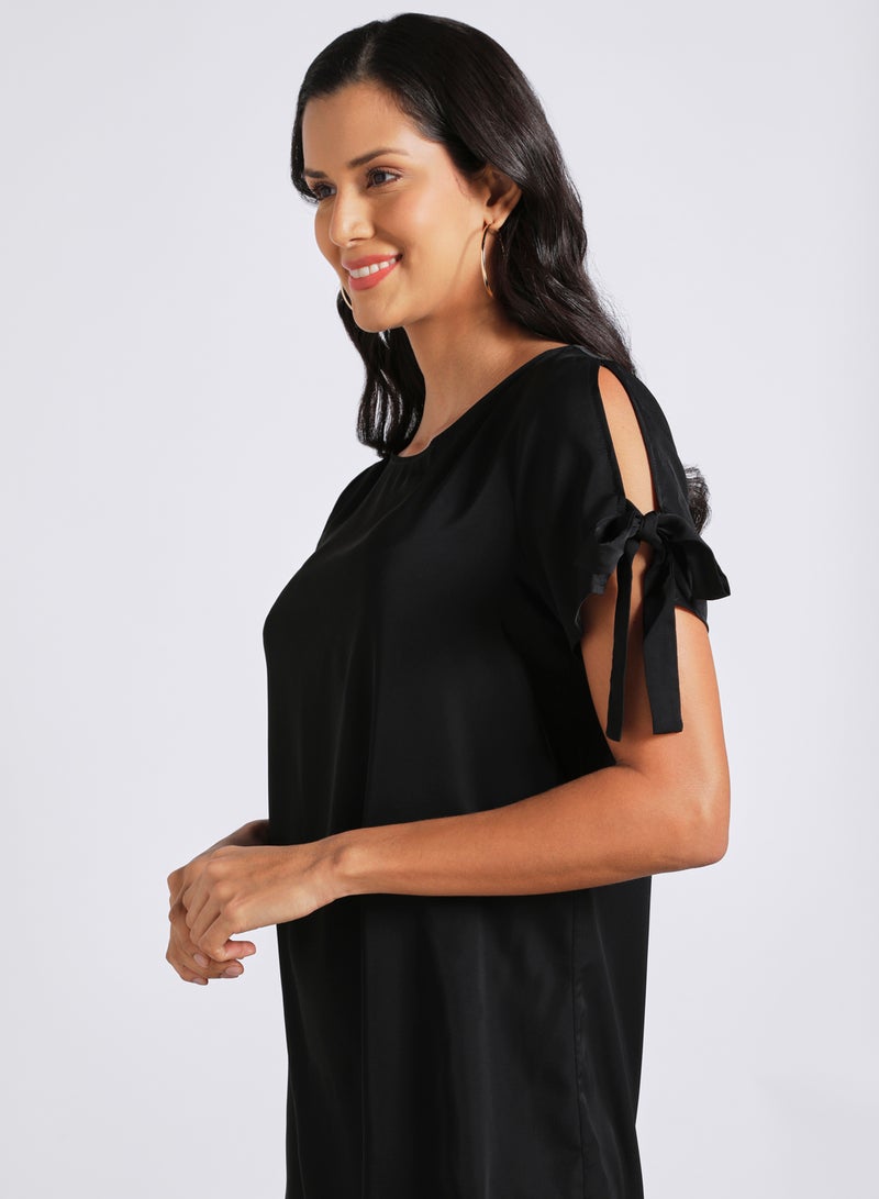 Aila Casual Polyester Blend Short Sleeve Mini Dress With Round Neck With Sleeve Tie Knot Black  - Image 4