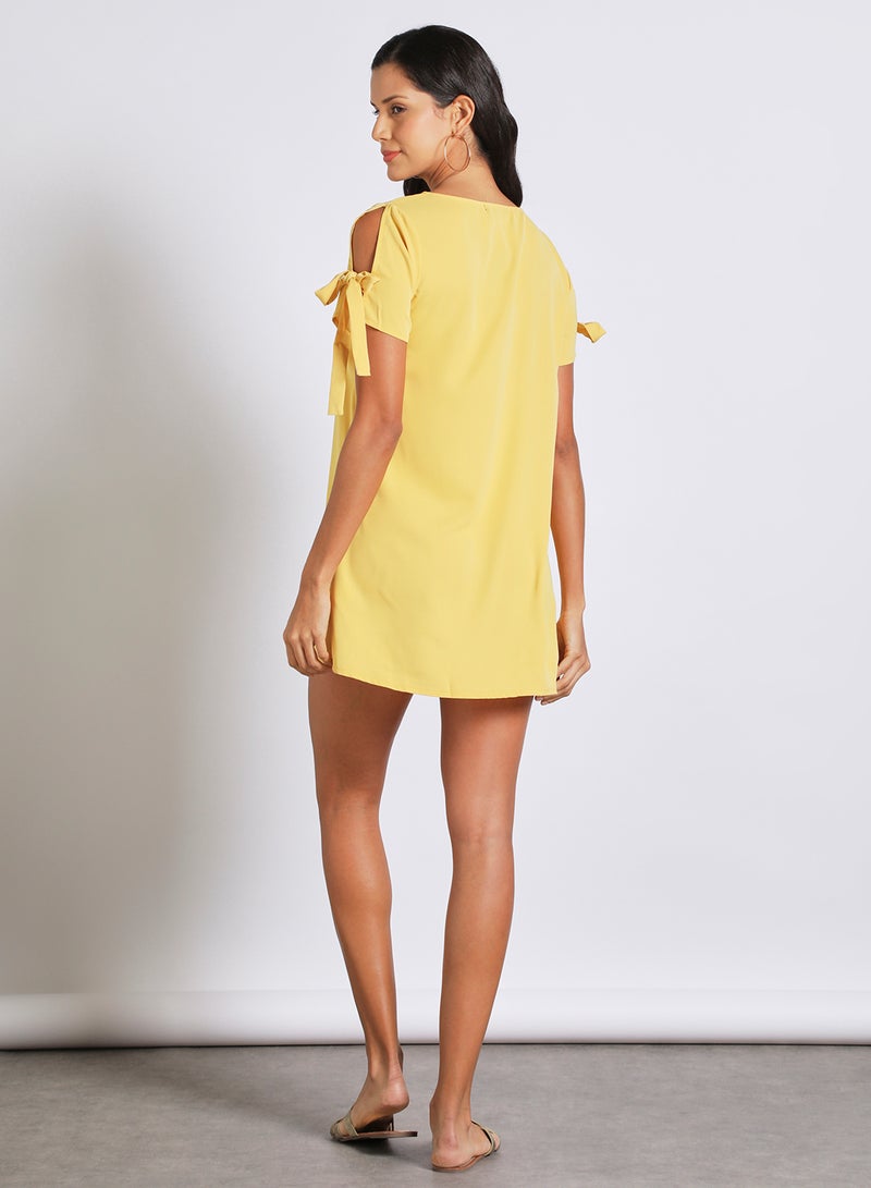 Aila - Casual Polyester Blend Short Sleeve Mini Dress With Round Neck With Sleeve Tie Knot Yellow - Image 1