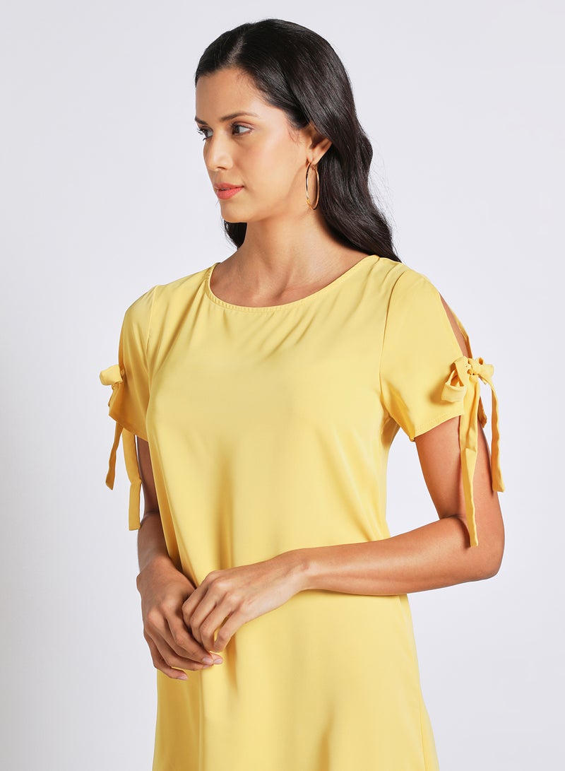 Aila - Casual Polyester Blend Short Sleeve Mini Dress With Round Neck With Sleeve Tie Knot Yellow - Image 1