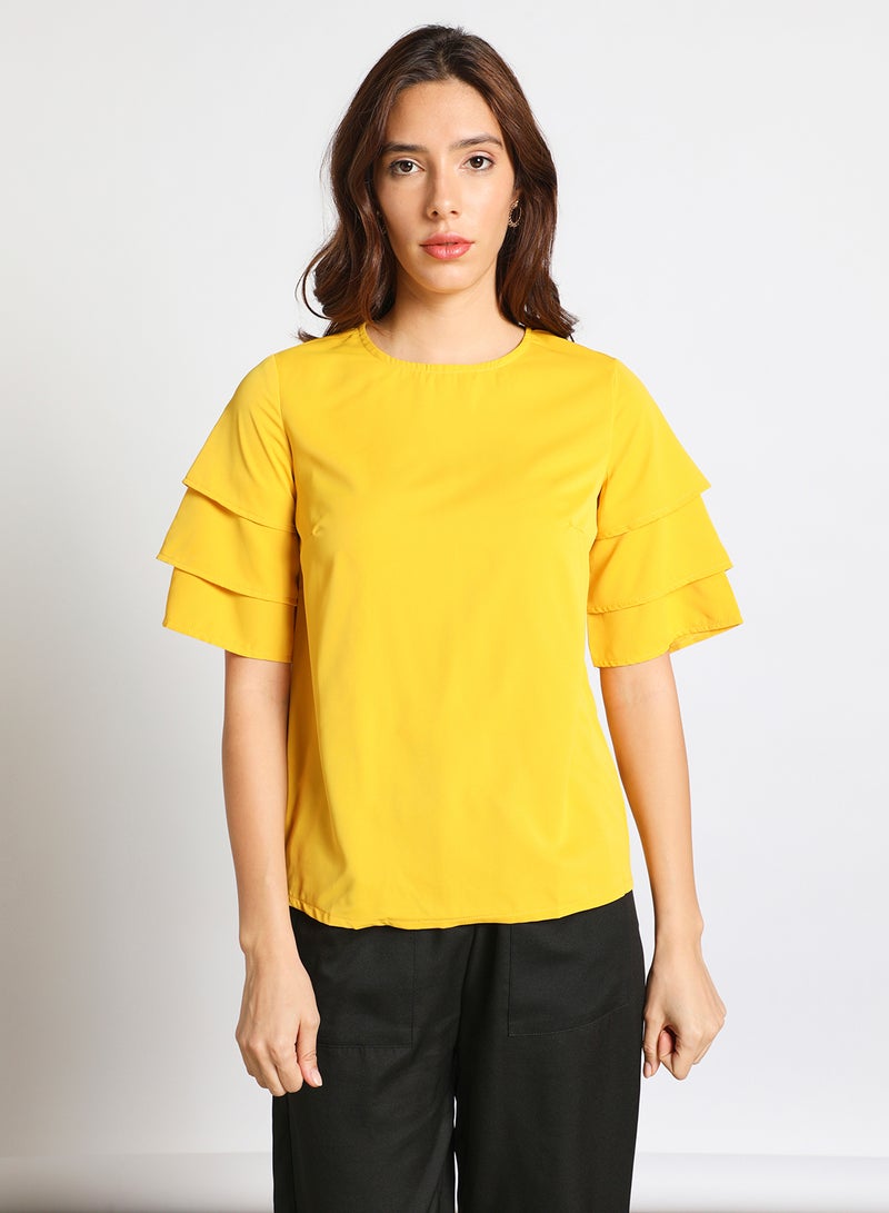Aila Women's Casual Bell Short Sleeve Polyester Blend Solid Tops With Round Neck Yellow  - Image 1