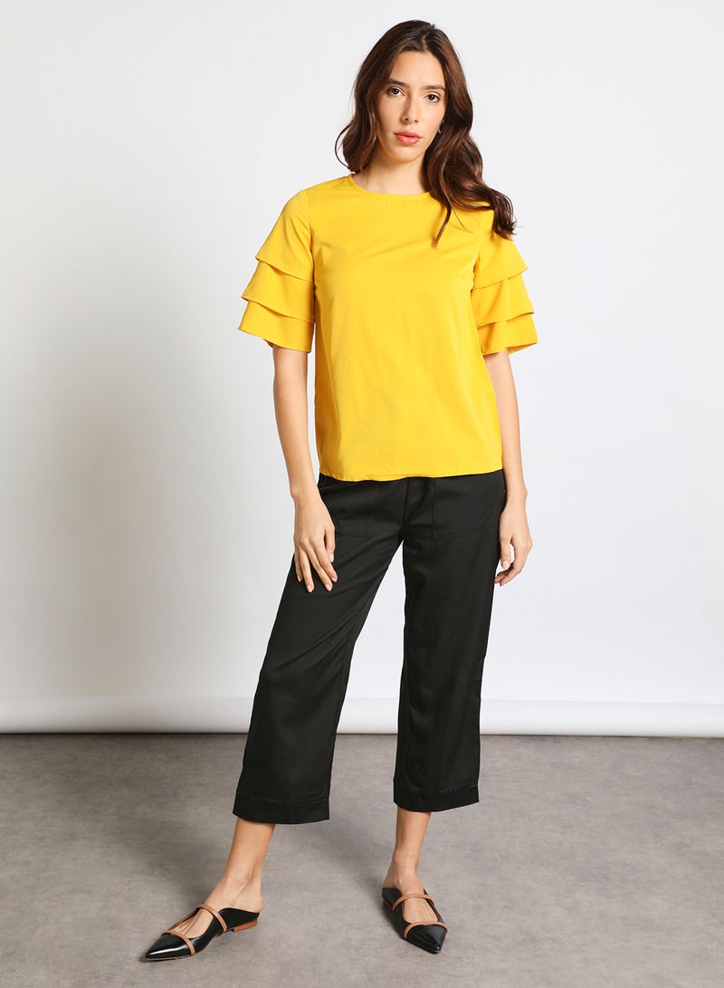 Aila Women's Casual Bell Short Sleeve Polyester Blend Solid Tops With Round Neck Yellow  - Image 2