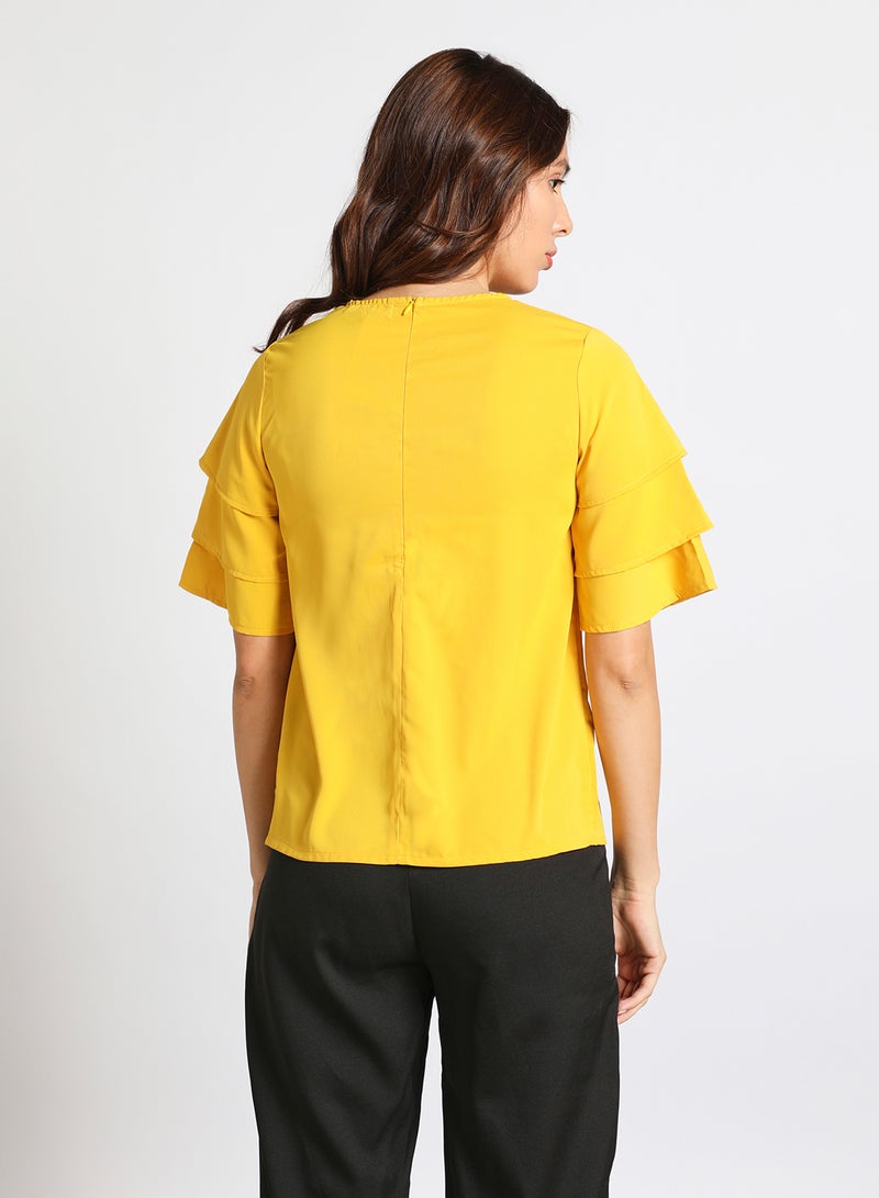 Aila Women's Casual Bell Short Sleeve Polyester Blend Solid Tops With Round Neck Yellow  - Image 3