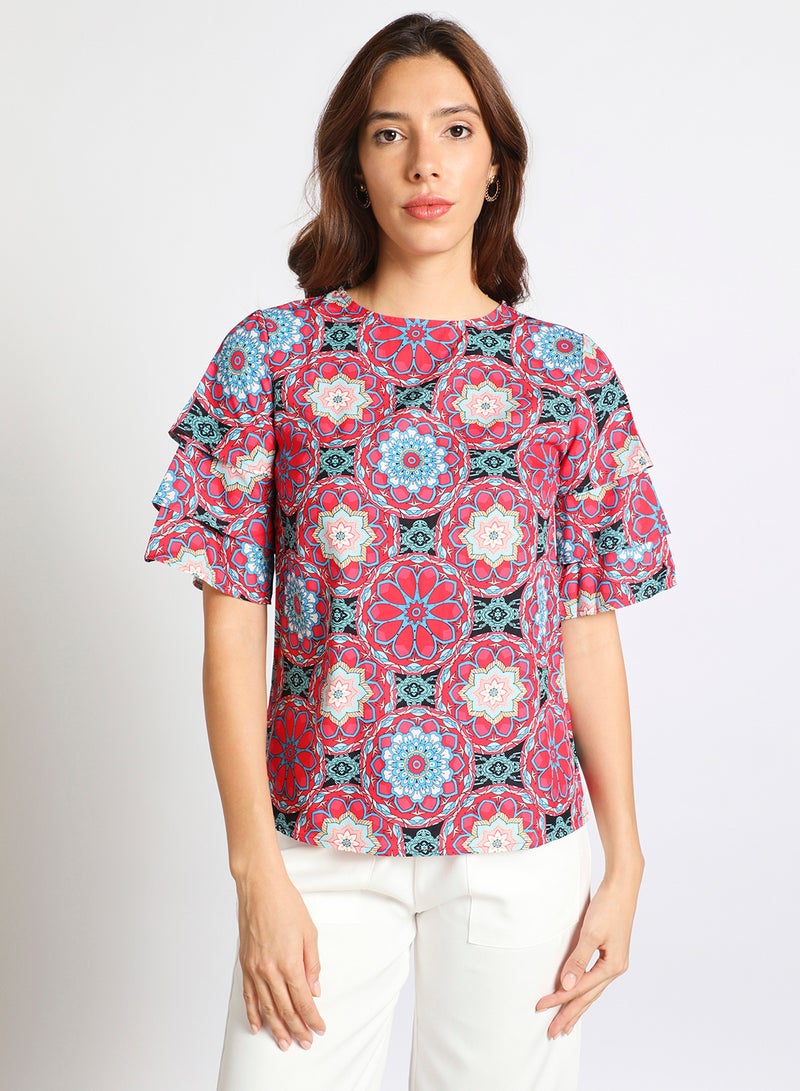 Aila Women's Casual Bell Short Sleeve Polyester Blend Tops With Round Neck Printed Pattern MULTICOLOR  - Image 1