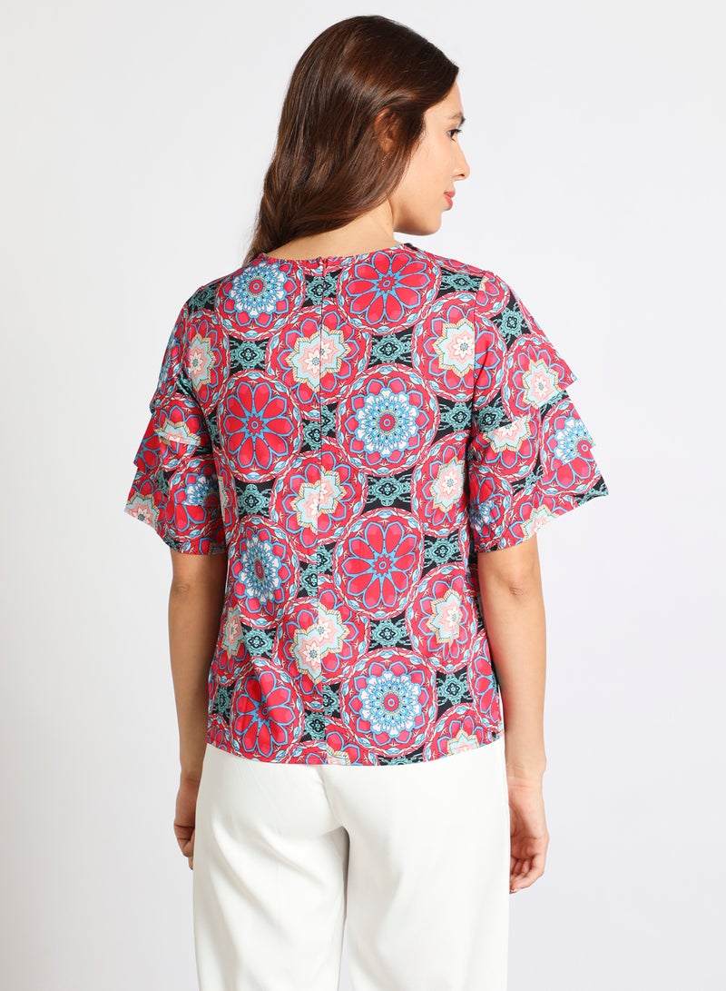 Aila Women's Casual Bell Short Sleeve Polyester Blend Tops With Round Neck Printed Pattern MULTICOLOR  - Image 3