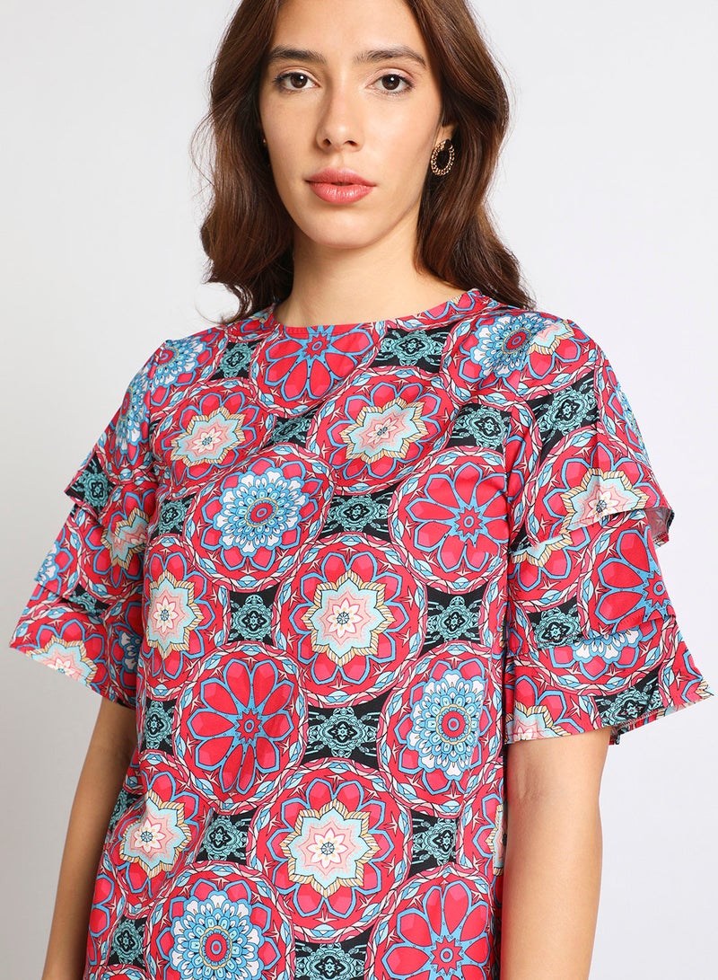 Aila Women's Casual Bell Short Sleeve Polyester Blend Tops With Round Neck Printed Pattern MULTICOLOR  - Image 4