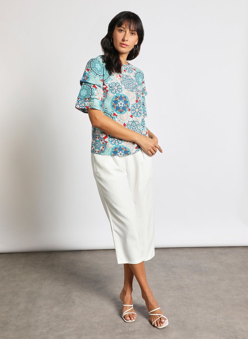 Aila Women's Casual Bell Short Sleeve Polyester Blend Tops With Round Neck Printed Pattern Multicolour  - Image 2
