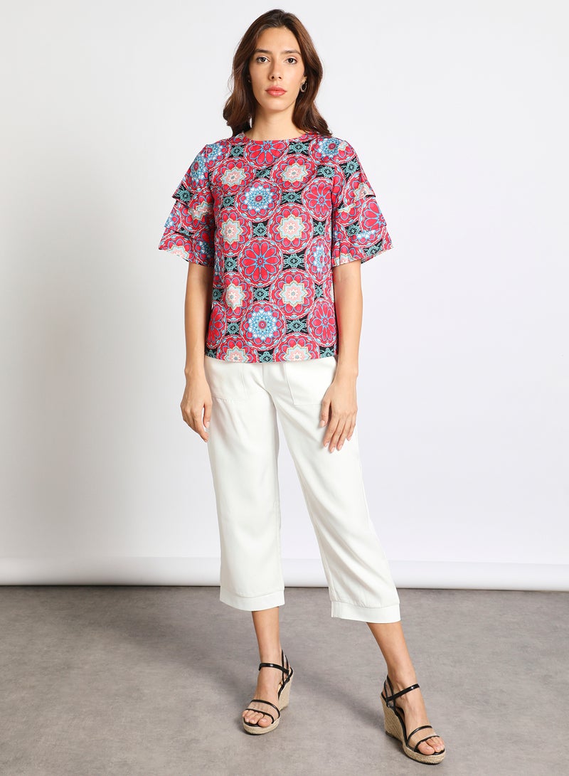 Aila Women's Casual Bell Short Sleeve Polyester Blend Tops With Round Neck Printed Pattern MULTICOLOR  - Image 2