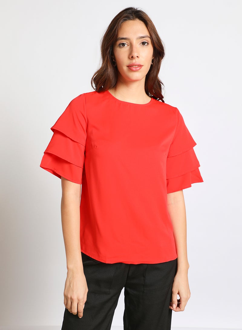 Aila Women's Casual Bell Short Sleeve Polyester Blend Solid Tops With Round Neck Orange  - Image 1