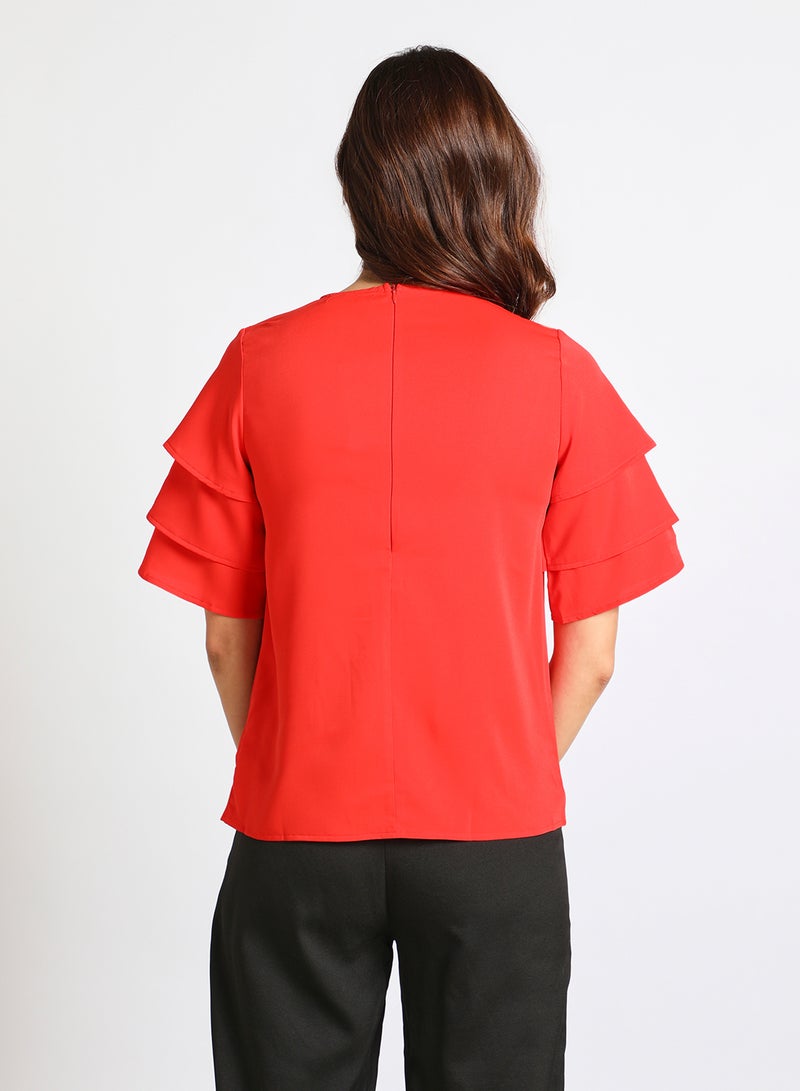 Aila Women's Casual Bell Short Sleeve Polyester Blend Solid Tops With Round Neck Orange  - Image 3