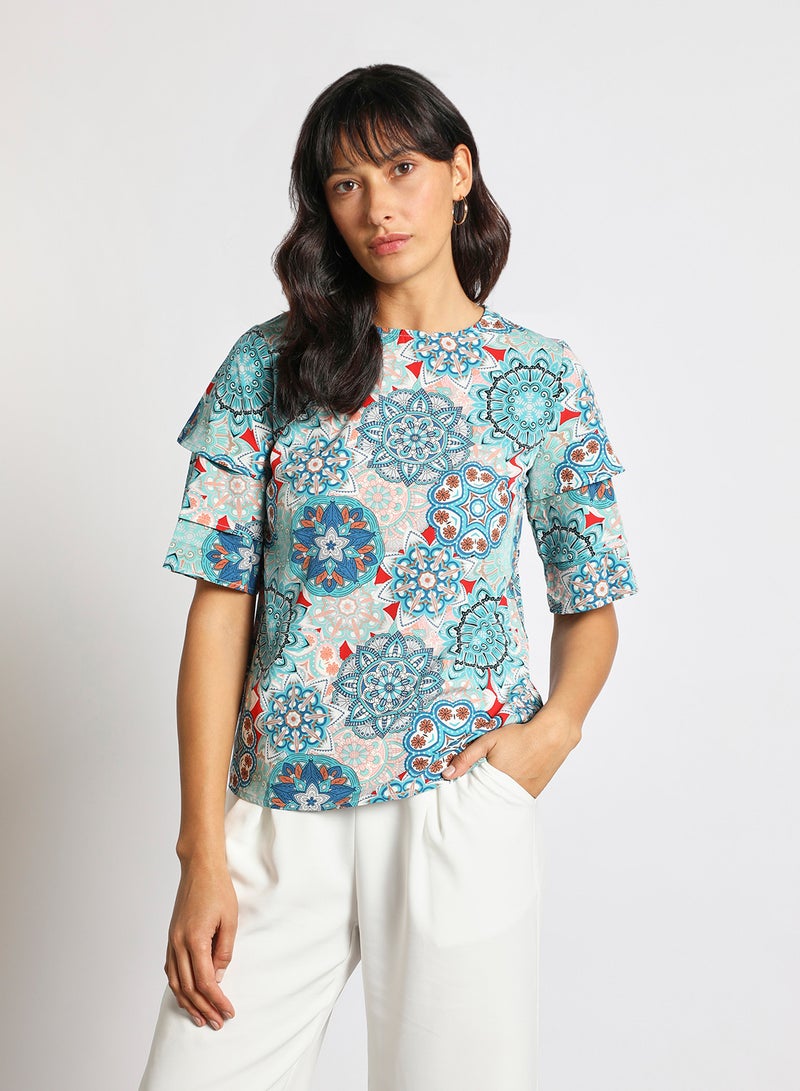 Aila Women's Casual Bell Short Sleeve Polyester Blend Tops With Round Neck Printed Pattern Multicolour  - Image 1
