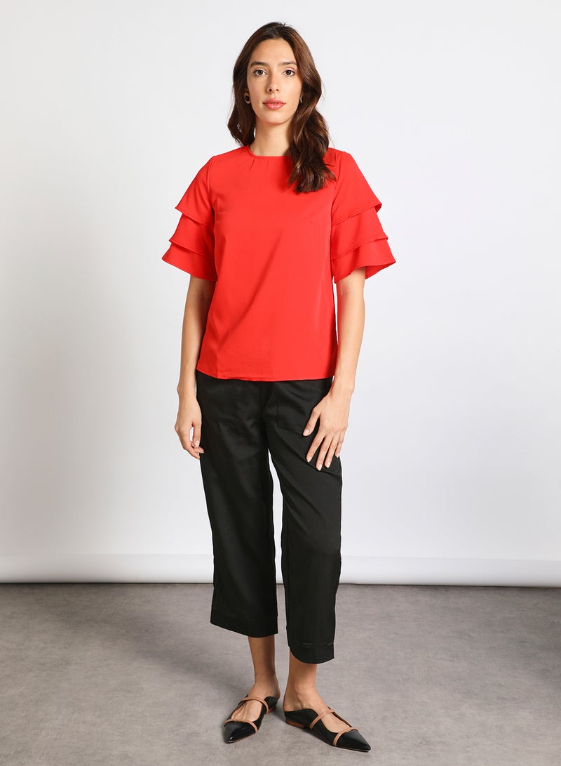 Aila Women's Casual Bell Short Sleeve Polyester Blend Solid Tops With Round Neck Orange  - Image 2