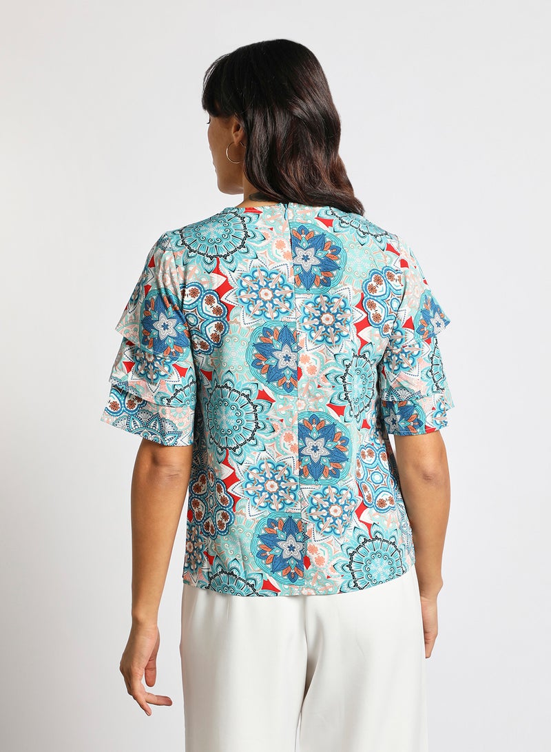 Aila Women's Casual Bell Short Sleeve Polyester Blend Tops With Round Neck Printed Pattern Multicolour  - Image 3