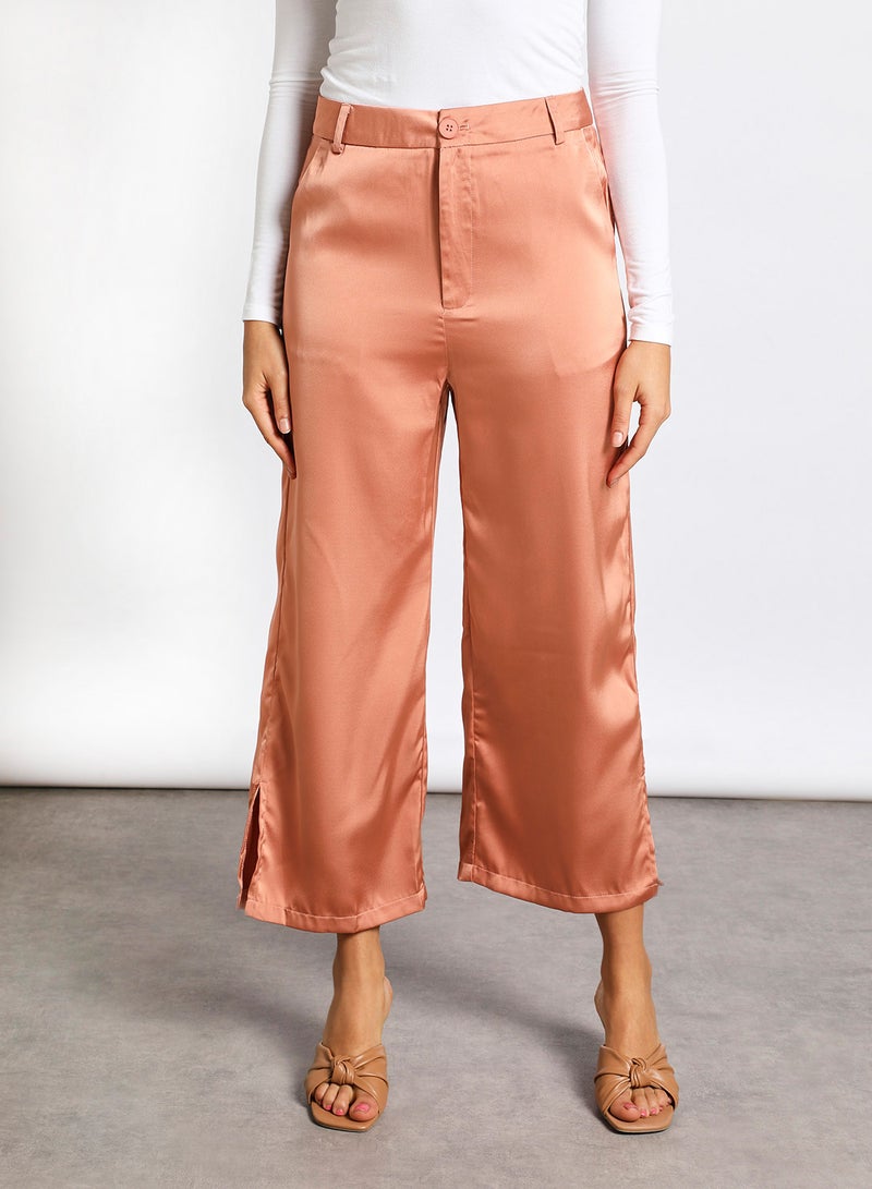 Aila Women's Casual Mid-Rise Ankle Length Wide Leg Solid Pants With Slit Brown  - Image 1