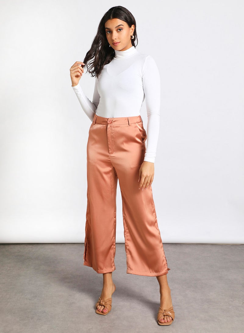 Aila Women's Casual Mid-Rise Ankle Length Wide Leg Solid Pants With Slit Brown  - Image 2