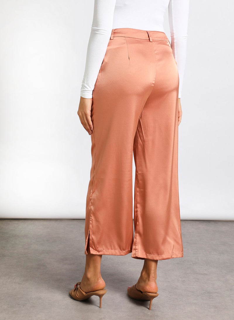 Aila Women's Casual Mid-Rise Ankle Length Wide Leg Solid Pants With Slit Brown  - Image 3