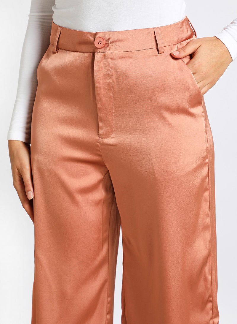 Aila Women's Casual Mid-Rise Ankle Length Wide Leg Solid Pants With Slit Brown  - Image 4