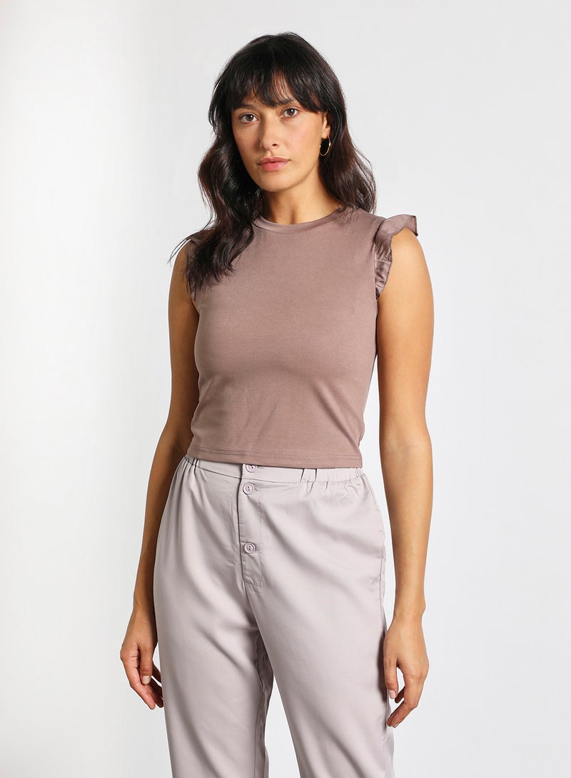 Aila - Women's Casual Ruffles Around Armhole Sleeveless Round Neck Knit Tank Brown - Image 1