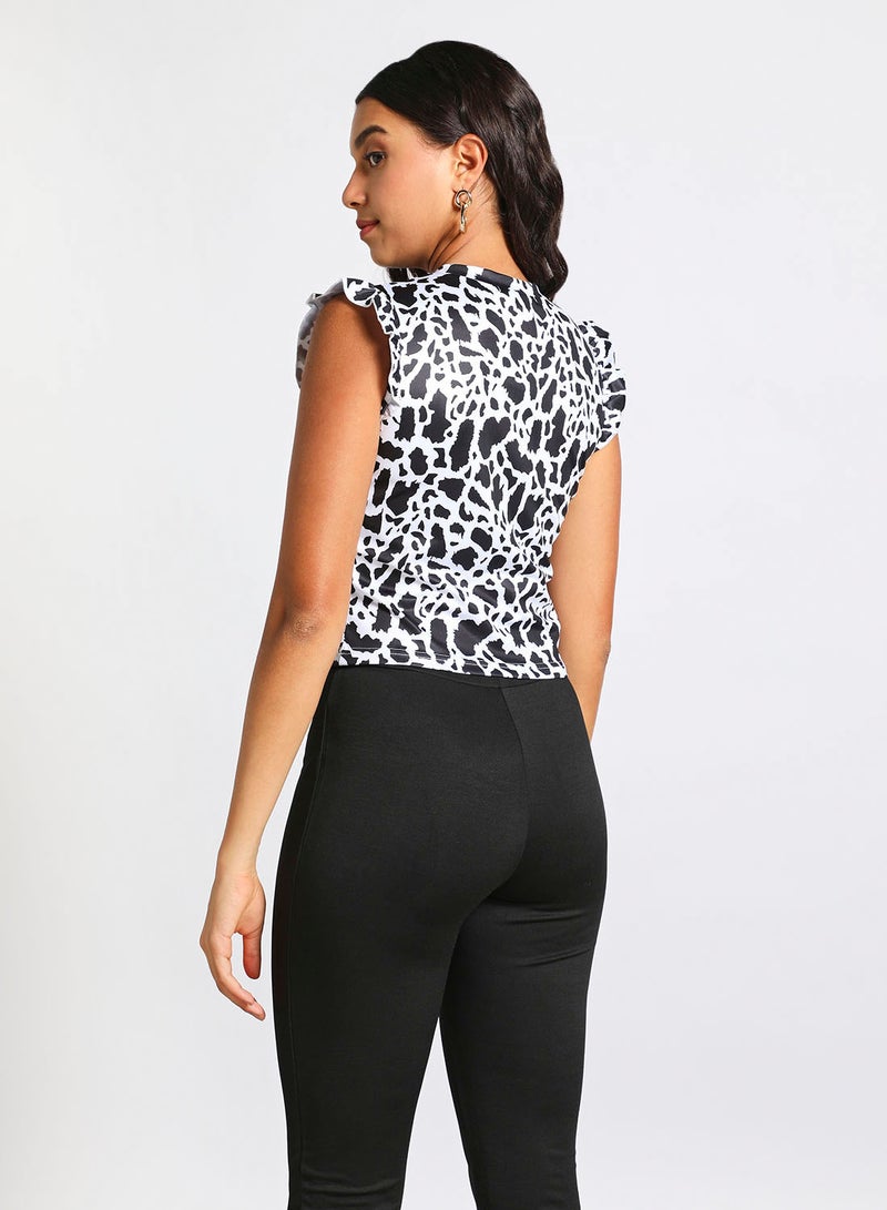 Aila - Women's Casual Ruffles Around Armhole Sleeveless Round Neck Knit Tank Black/White - Image 1