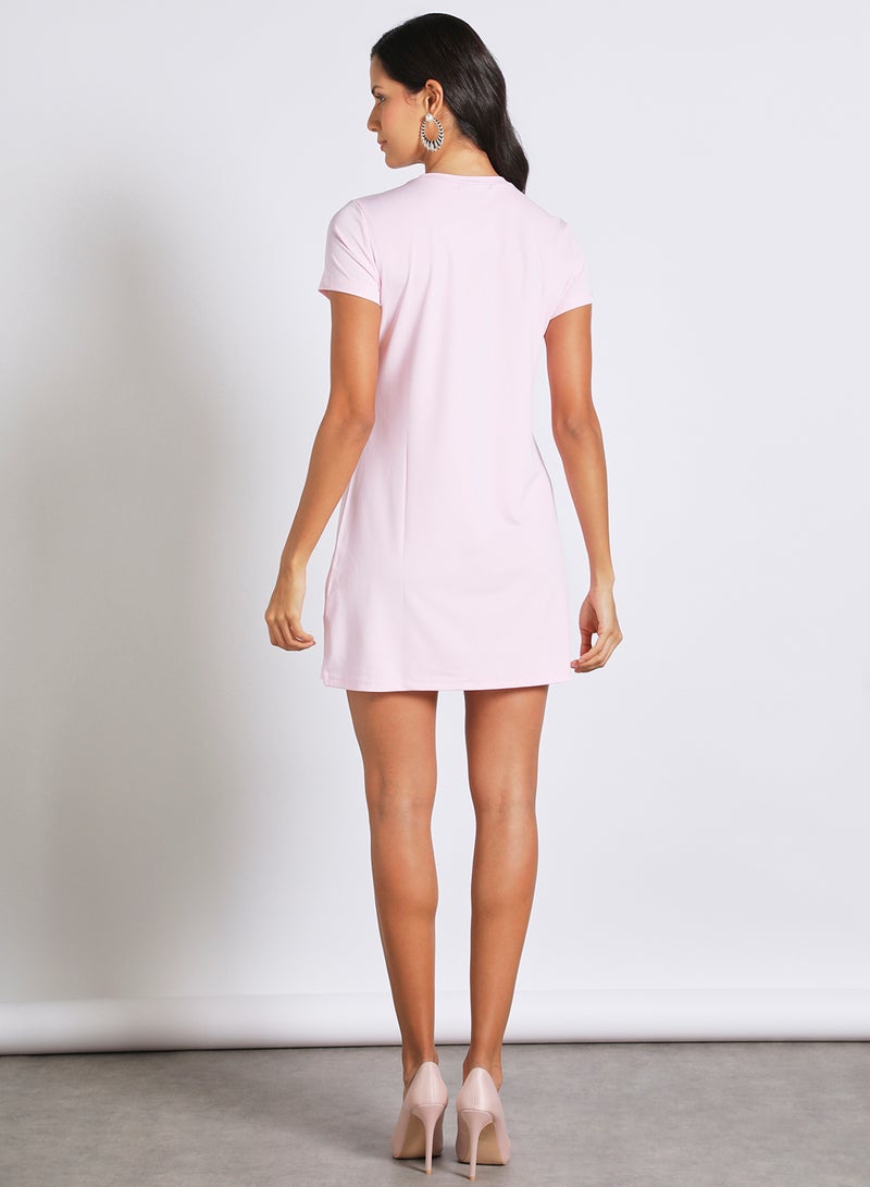 Aila - Women's Casual Short Sleeve Slim Mini Dress With Round Neck Printed Pattern Pink - Image 1