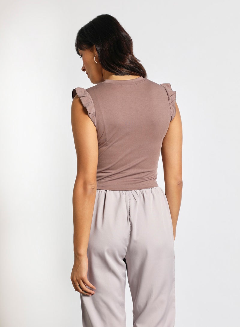 Aila - Women's Casual Ruffles Around Armhole Sleeveless Round Neck Knit Tank Brown - Image 1