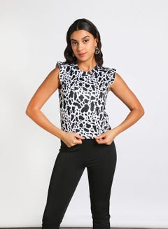Aila Women's Casual Ruffles Around Armhole Sleeveless Round Neck Knit Tank Black/White  - Image 1
