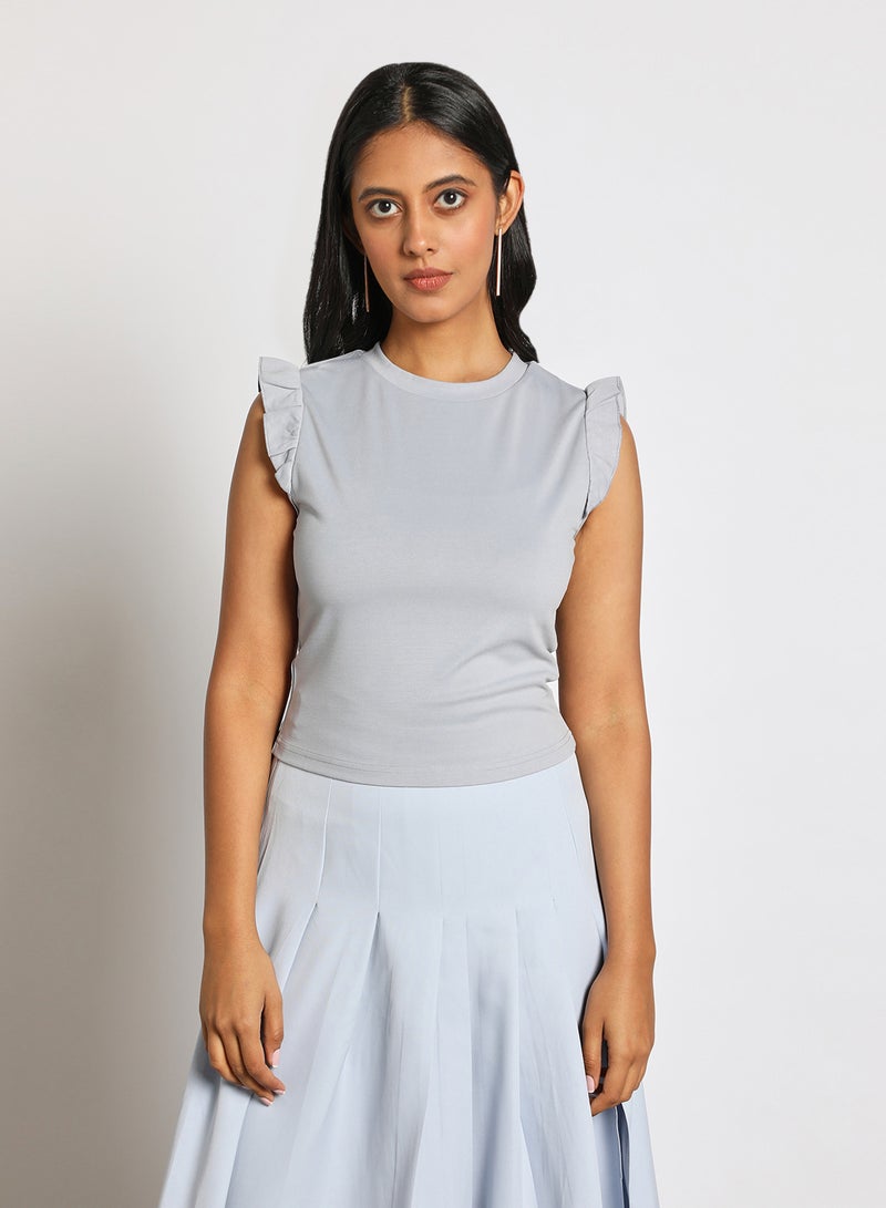 Aila - Women's Casual Ruffles Around Armhole Sleeveless Round Neck Knit Tank Grey - Image 1