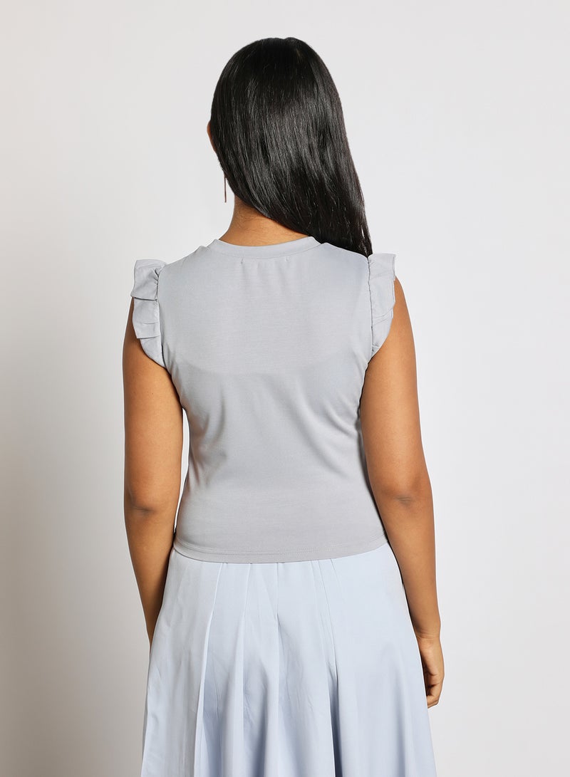 Aila - Women's Casual Ruffles Around Armhole Sleeveless Round Neck Knit Tank Grey - Image 1