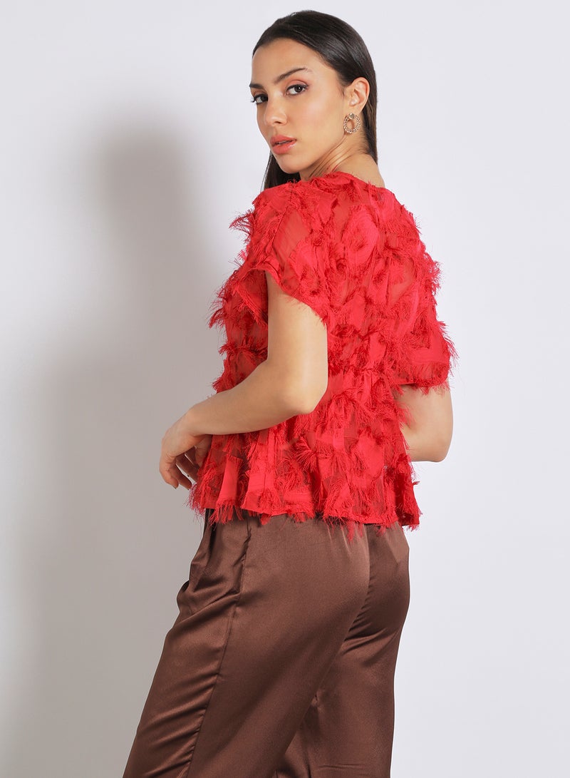 Aila Women's Frill Texture Short Sleeves V-Neck Top Red  - Image 3