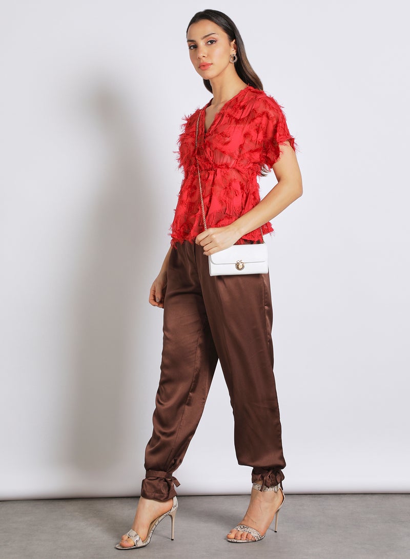 Aila Women's Frill Texture Short Sleeves V-Neck Top Red  - Image 2