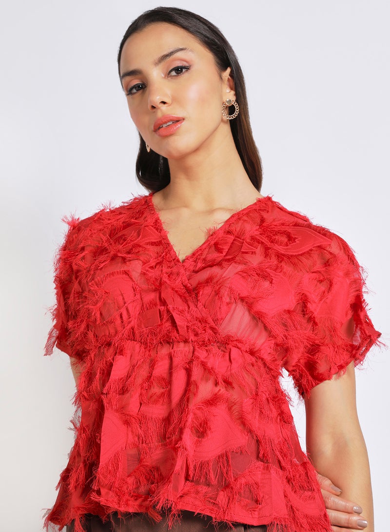 Aila Women's Frill Texture Short Sleeves V-Neck Top Red  - Image 4