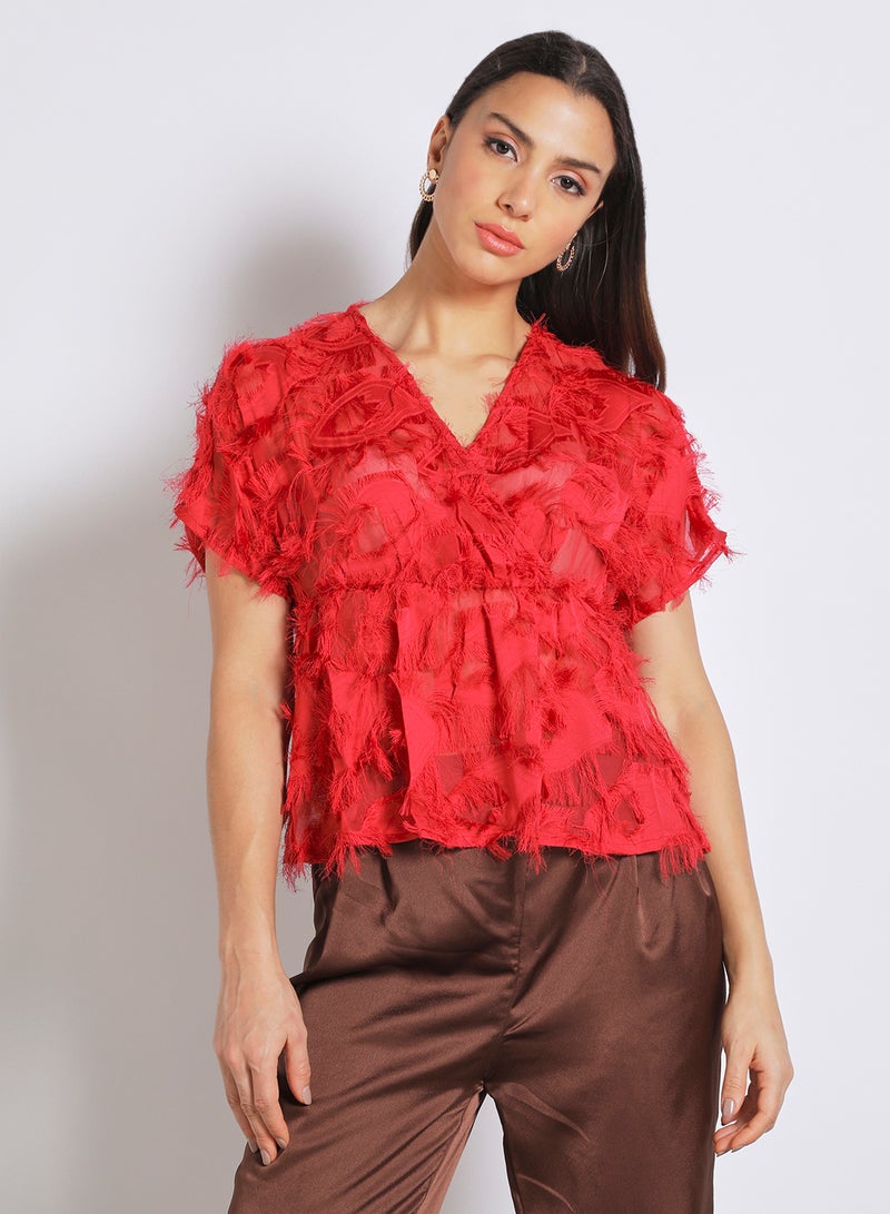 Aila Women's Frill Texture Short Sleeves V-Neck Top Red  - Image 1