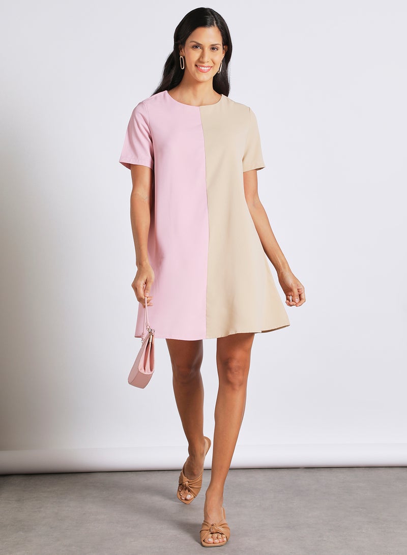 Aila Women's Casual Short Sleeve Knee Length Colour Blocking Dress Pink/Brown  - Image 2