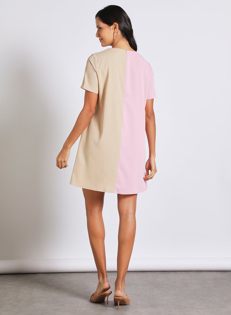 Aila Women's Casual Short Sleeve Knee Length Colour Blocking Dress Pink/Brown  - Image 3