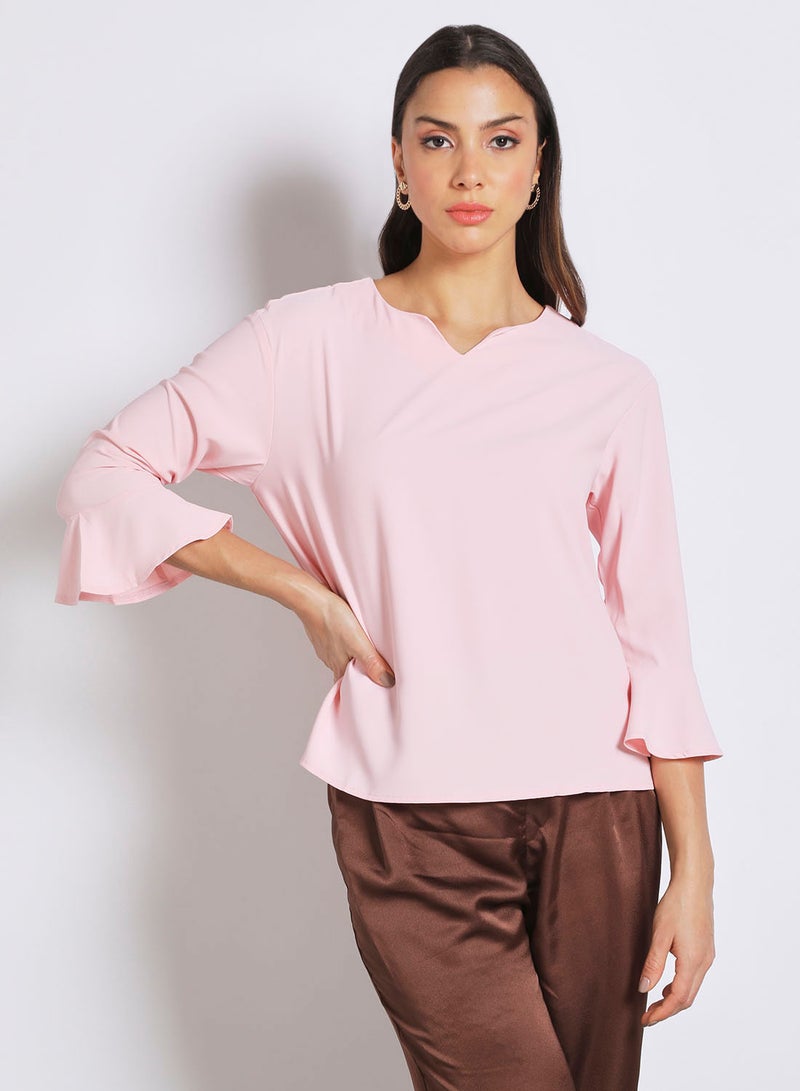 Aila Women's Formal Bell Sleeves Notch Neck Blouse Pink - Image 1