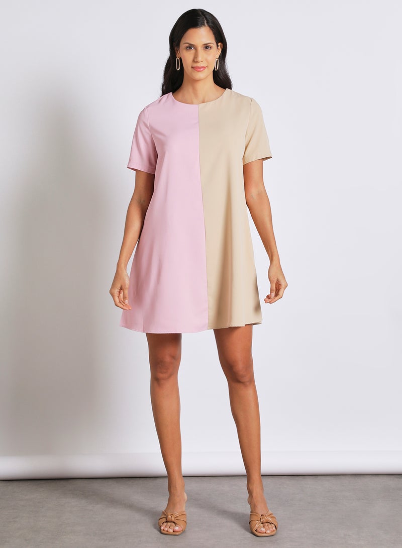 Aila Women's Casual Short Sleeve Knee Length Colour Blocking Dress Pink/Brown  - Image 1