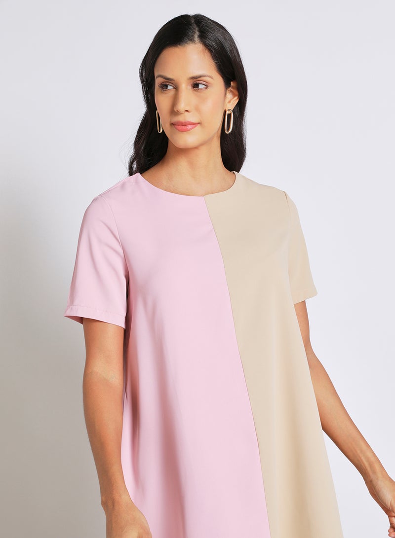 Aila Women's Casual Short Sleeve Knee Length Colour Blocking Dress Pink/Brown  - Image 4