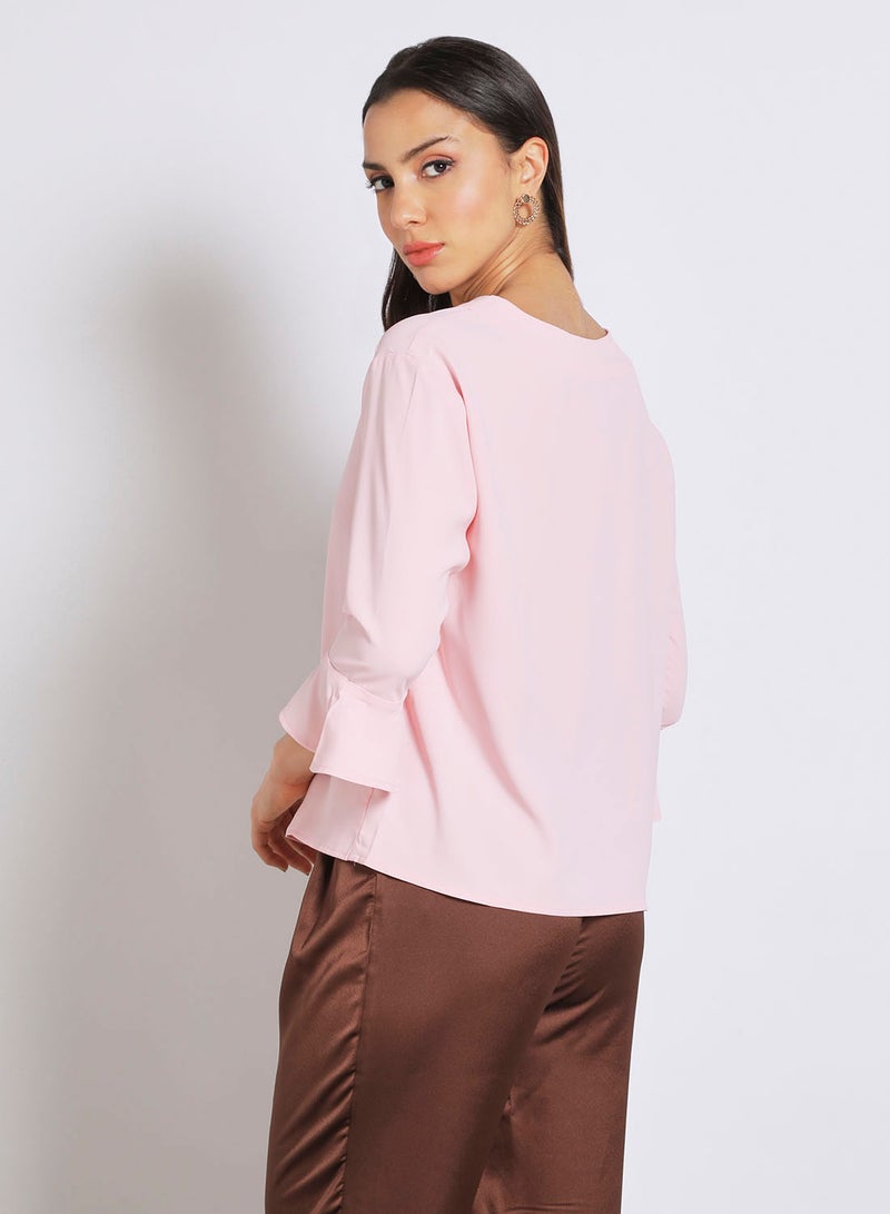 Aila Women's Formal Bell Sleeves Notch Neck Blouse Pink - Image 3