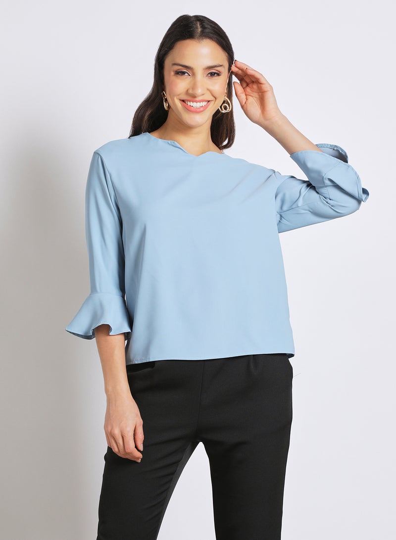 Aila Women's Formal Bell Sleeves Notch Neck Blouse light blue  - Image 1