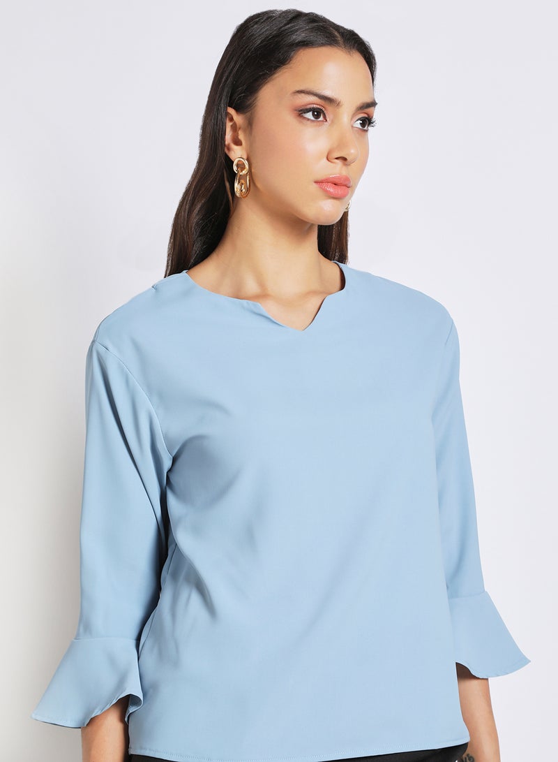 Aila Women's Formal Bell Sleeves Notch Neck Blouse light blue  - Image 4