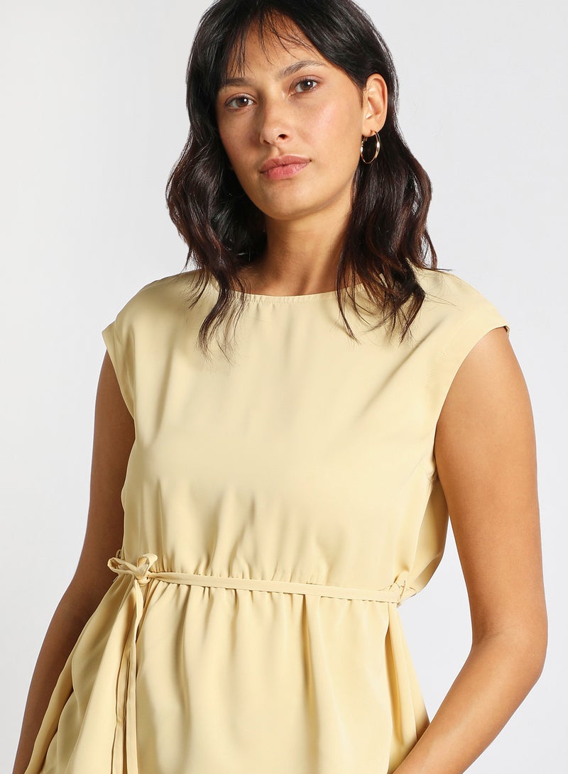 Aila womens casual cap sleeves top with a belt Beige  - Image 4