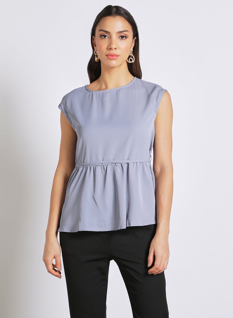 Aila womens casual cap sleeves top with a belt Grey  - Image 1