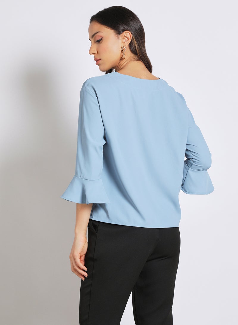 Aila Women's Formal Bell Sleeves Notch Neck Blouse light blue  - Image 3