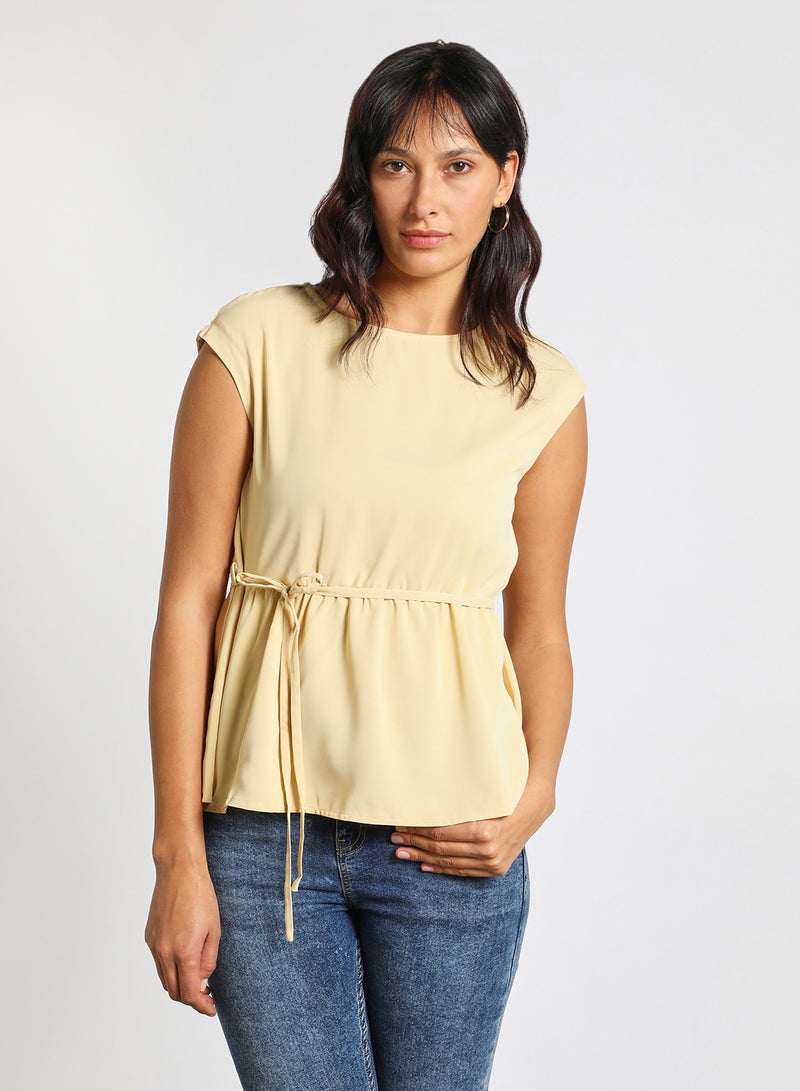 Aila womens casual cap sleeves top with a belt Beige  - Image 1