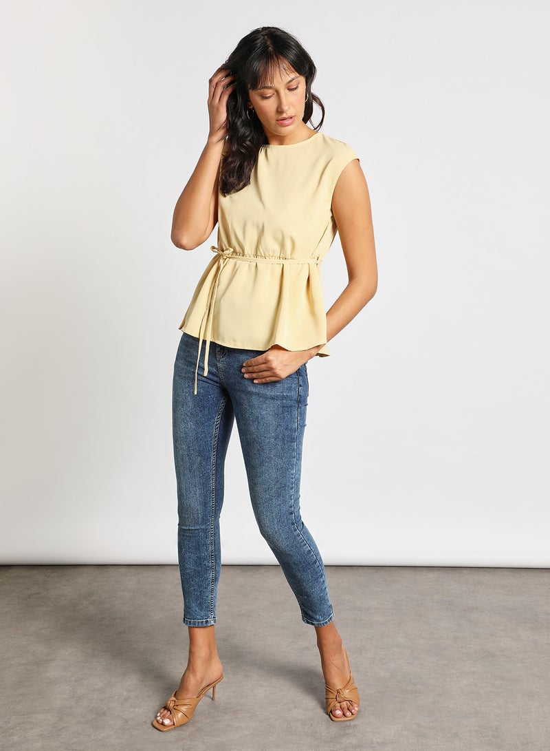 Aila womens casual cap sleeves top with a belt Beige  - Image 2