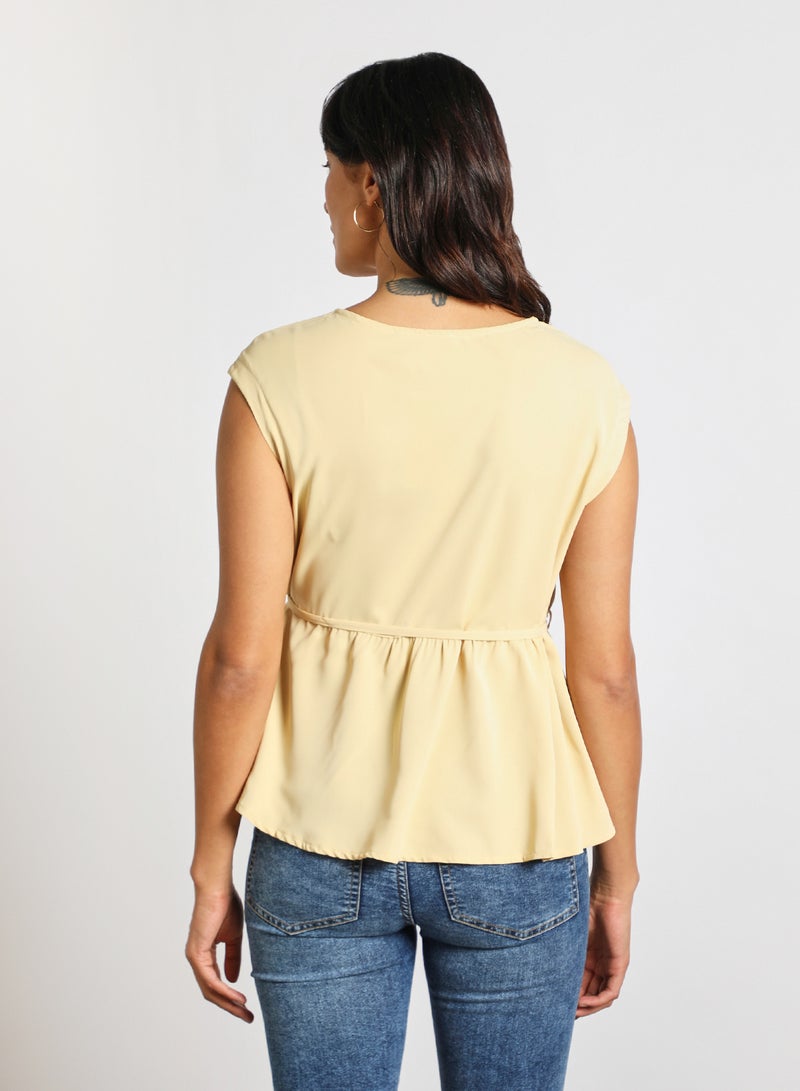 Aila womens casual cap sleeves top with a belt Beige  - Image 3