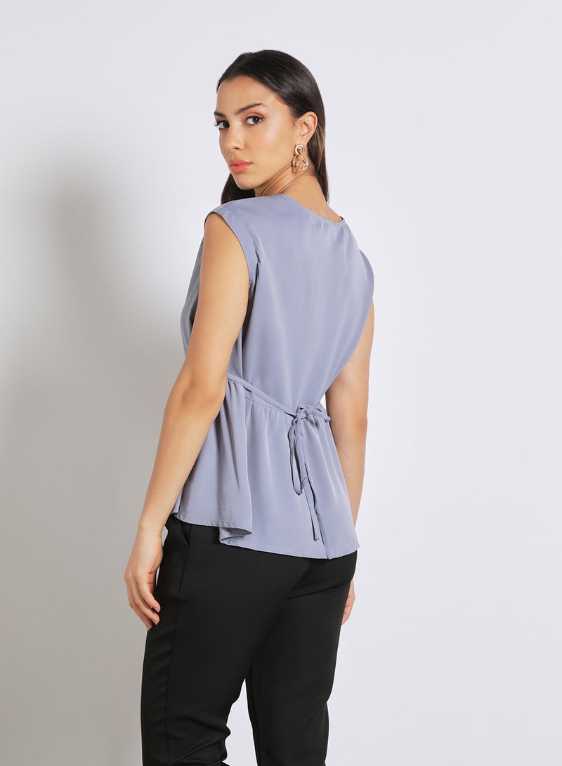 Aila womens casual cap sleeves top with a belt Grey  - Image 3