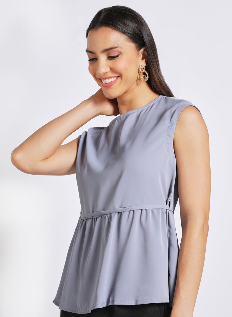 Aila womens casual cap sleeves top with a belt Grey  - Image 4