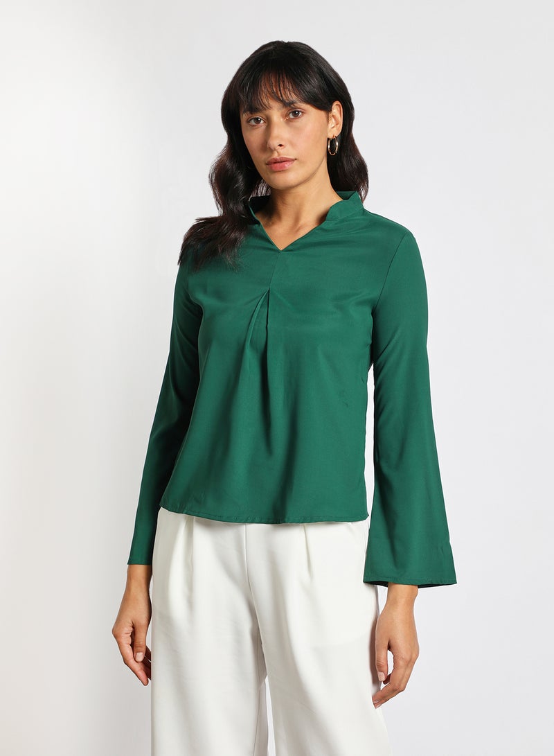 Aila Women's Formal Stand Collar Long Sleeves Blouse With Front Pleat Green - Image 1